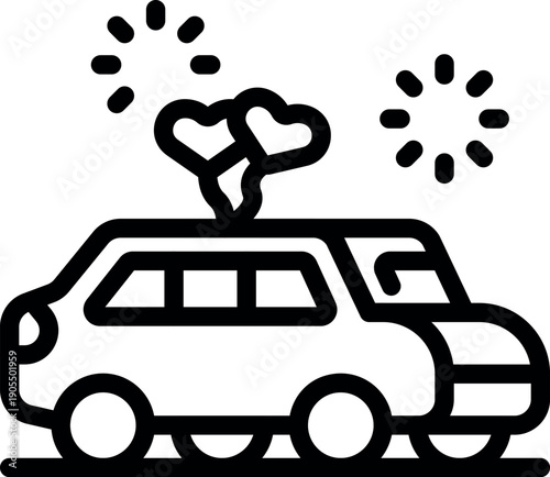 Wedding car decorated with heart shaped balloons is ready for a romantic getaway