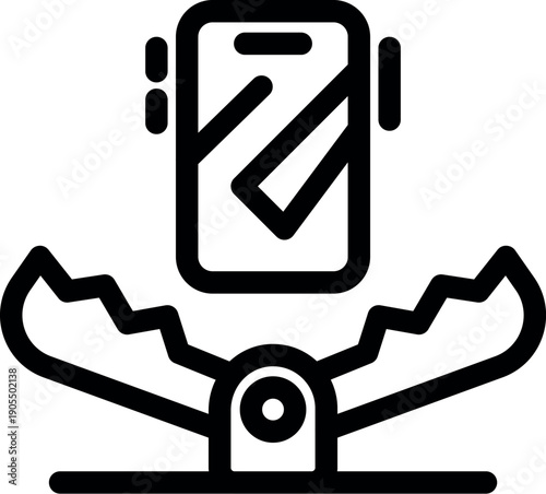 Smartphone addiction concept shown as bear trap closing on mobile phone with check mark on screen, illustrating the dangers of excessive phone use