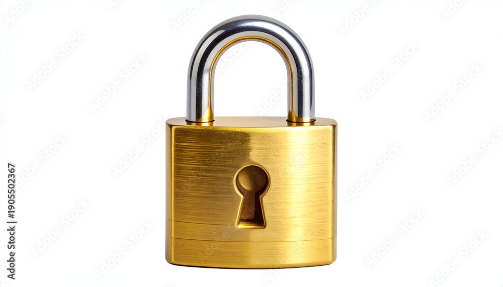 Naklejka premium Golden padlock with silver shackle isolated on white. Security and protection with this closed lock