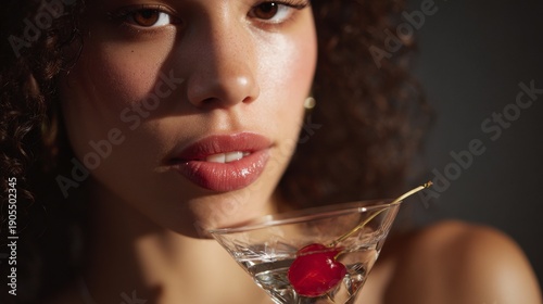 Elegant woman drinking martini with cherry in glass, portrait
