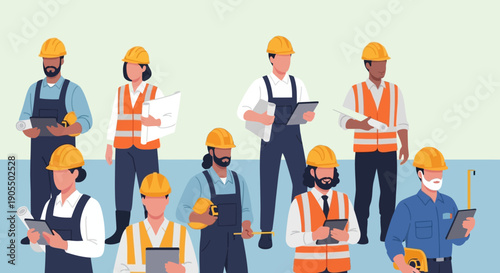 Diverse group of construction workers in safety gear collaborating on a project.