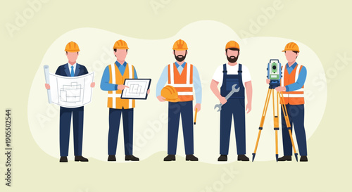 Construction workers in various roles and attire.