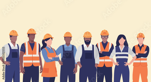 Diverse group of construction workers wearing hard hats and safety vests.