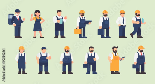 Diverse group of workers in uniform and casual attire.