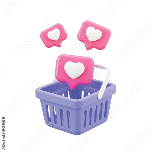 Purple shopping basket with three pink speech bubbles, each featuring a white heart. The tone is playful and emphasizes online shopping or social media engagement.