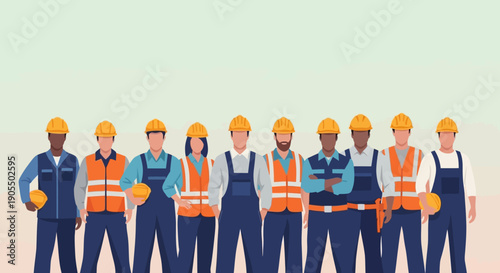 Diverse group of construction workers standing together in uniform.