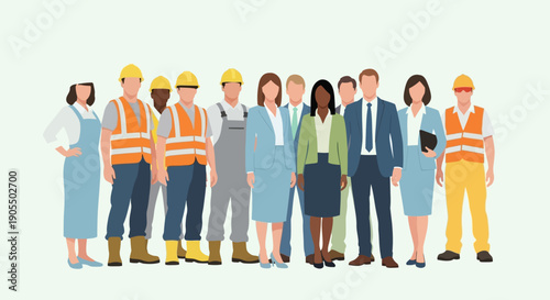 Diverse group of professionals in various occupations and attire.