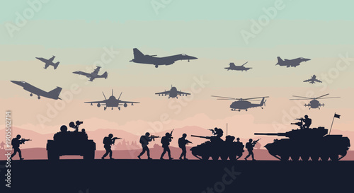 Military forces advancing with aircraft support at dusk.