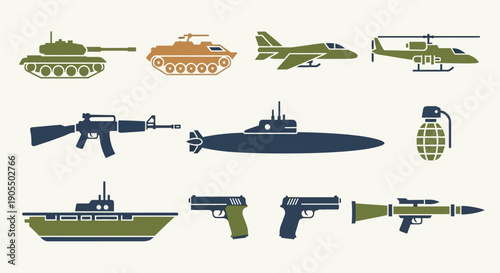 Assorted Military Vehicles and Weapons Illustration Set.