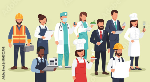 Diverse group of professionals in various occupations and uniforms.