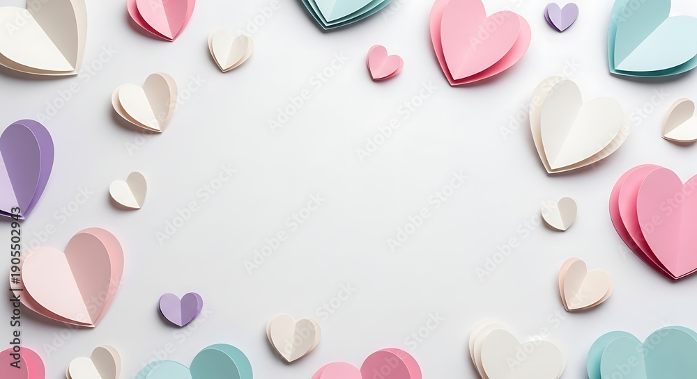 Fototapeta premium Pastel Paper Hearts Border on Soft Background