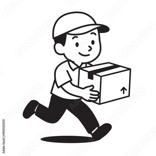 Delivery Man Running with Package Box Line Art Cartoon Vector Illustration