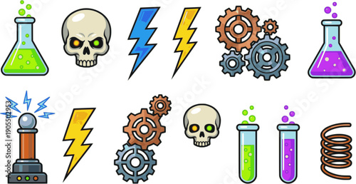 Halloween icon set vector illustration cartoon flat design spooky potion skull lightning gear bottle symbols