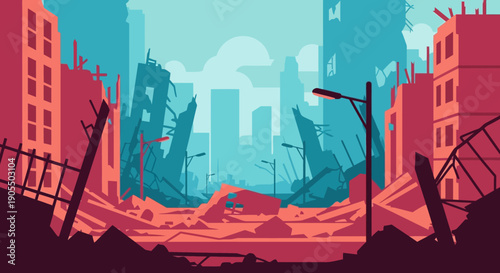 Post-apocalyptic cityscape with destroyed buildings and debris.