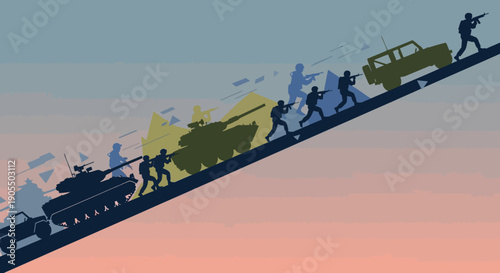 Military Troops Advancing Upward on a Slope with Vehicles.