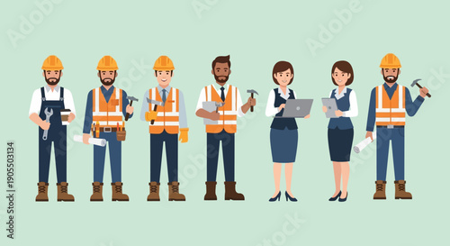 Diverse group of construction workers and office professionals standing together.