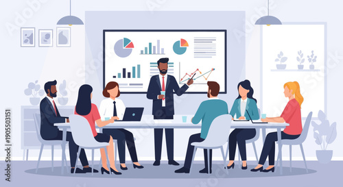 Business meeting with presentation and discussion among colleagues in a modern office setting.