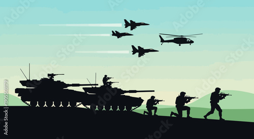 Military forces advancing with tanks and helicopters in action.