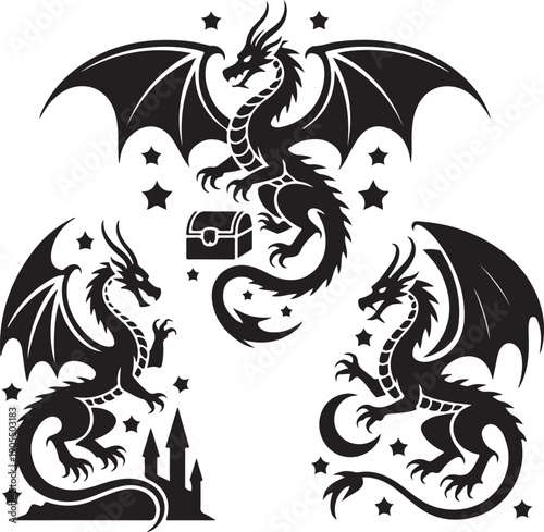 Three dragons and a treasure chest surrounded by stars and a castle