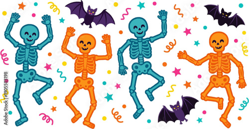 Cute Halloween characters seamless pattern with pumpkin mummy bat on white background