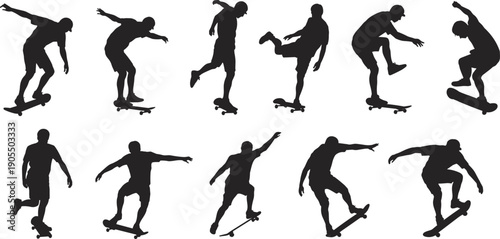 Skateboarder silhouettes collection, skateboard trick action poses set, extreme sport athlete performing jumps isolated on white background illustration concept
