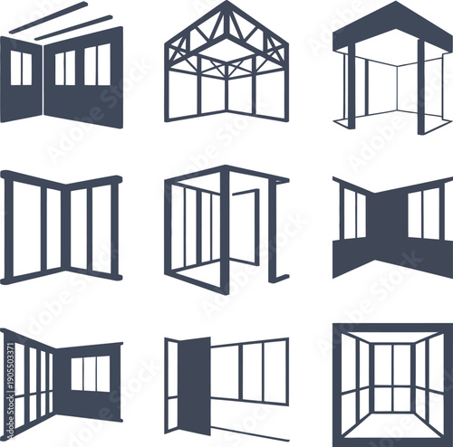 Detailed illustrations of various greenhouse and gazebo frame designs