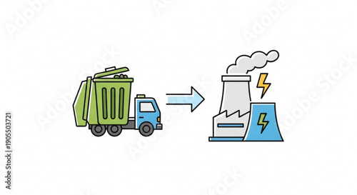 Garbage Truck Delivering Waste to Power Plant Generating Electricity