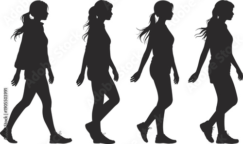 Walking woman silhouettes set, female walking poses collection, casual people movement lifestyle concept, fashionable girl walking isolated on white background