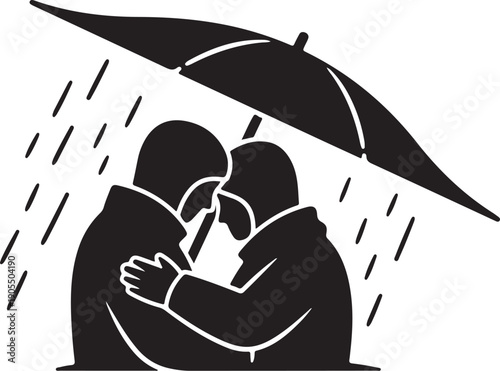 Couple sharing romantic kiss under umbrella in rain together
