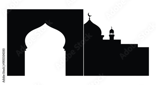 Islamic mosque silhouette with domes and minarets against a contrasting background