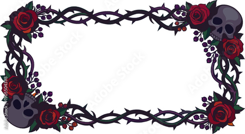 Dark thorny vines with roses and skulls isolated on transparent background