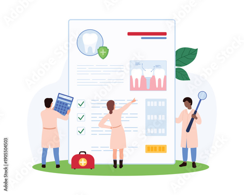 Dentists and assistants examining dental invoice with checklist, calculator, and medical kit on isolated white background for healthcare billing and insurance concept vector illustration