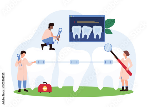 Dentists with tools and magnifier working on large teeth with braces, dental health concept, orthodontics, oral care, isolated on white background vector illustration