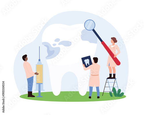 Cartoon dentists inspecting large tooth for cavities with magnifier, syringe, and x-ray, perfect for dental care, oral health, and cavity prevention themes, isolated vector illustration
