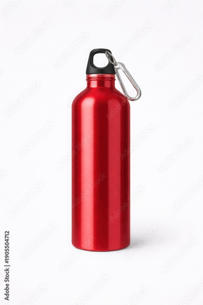Fototapeta premium Shiny red metal reusable water bottle with a carabiner clip shown against a pure white background for product promotion.