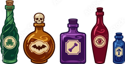 Magic potion bottles collection isolated on transparent background