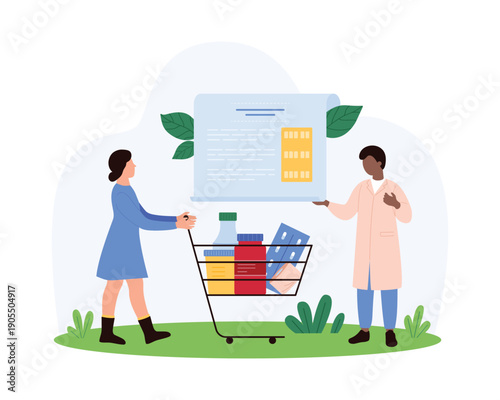Pharmacist explains prescription to woman with shopping cart full of medicine and pills on white isolated background for healthcare and pharmacy service vector illustration