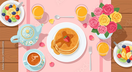 Delicious breakfast table with pancakes and flowers.