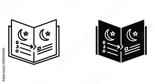 Islamic Prayer Book or Quran Icon Set in Black and White