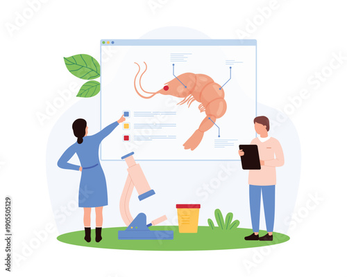 Researchers studying shrimp allergy with microscope and chart, highlighting seafood allergy awareness, medical research, and health education on isolated white background vector illustration