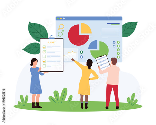 Team of tiny people examining survey results with charts, graphs, and checklists for sociology research, teamwork, and data analysis on isolated white background vector illustration