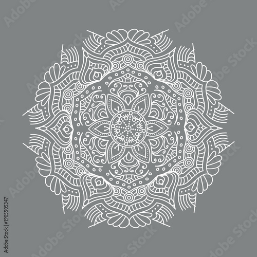 Intricate white mandala of floral and geometric patterns radiates symmetrically on a gray background, with fine lines, nested circles, and petals creating a calm, balanced digital design