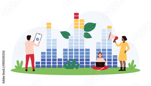 Creative concept showing tiny people interacting with sound bars, mobile device, laptop, and megaphone on isolated white background for audio, music, and technology themes vector illustration