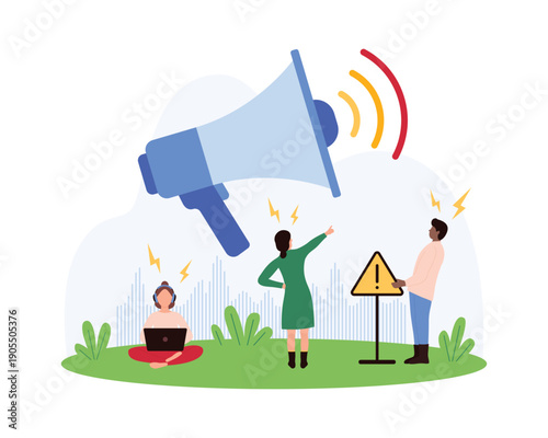People reacting to loud noise from a giant megaphone, showing sound pollution, stress, and warning signs on an isolated white background for environmental awareness vector illustration