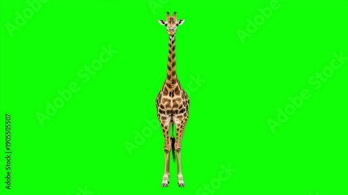 Realistic giraffe walking towards camera on green screen background, isolated african animal for vfx
