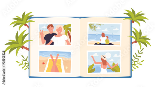 Illustrated photo album displaying four summer vacation photos with beach scenes. The images capture joyful moments and relaxation, surrounded by palm trees.