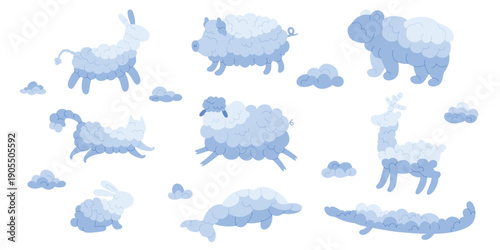 Fluffy white bear deer crocodile dolphin bunny sheep pig cat flying isolated on white background, creative cloudy weather elements cartoon vector illustration. Funny clouds different animal shape set