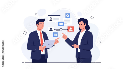 Business meeting, workflow process, strategy planning, teamwork, digital presentation