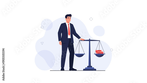 Businessman Balancing Scales with Books and Objects, Symbolizing Justice and Decision Making