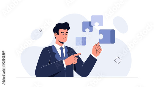 Businessman connecting puzzle pieces, symbolizing strategy and problem-solving